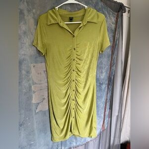 wild fable Olive Green Ruched Button-Front Collared Dress